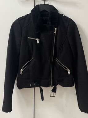 Zara Black Faux Fur Collar Moto Jacket